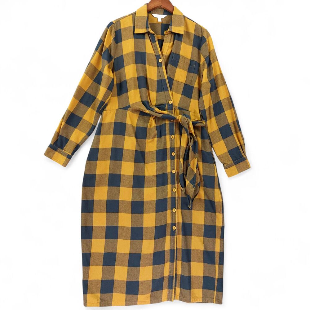 Garnet Hill Shirt Dress Sz 10 Mustard Navy Plaid Pockets Lagenlook Faux Wrap
